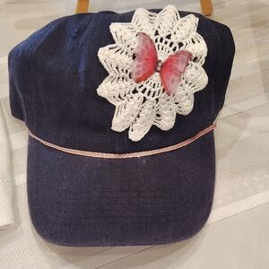 Navy Blue Cap with Crochet Flower and Pink Butterfly